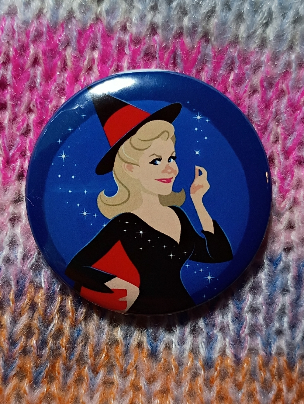 Bewitched 60s TV Witchcraft Show Witch Button Pin 1.77" Whimsical Nick At Nite